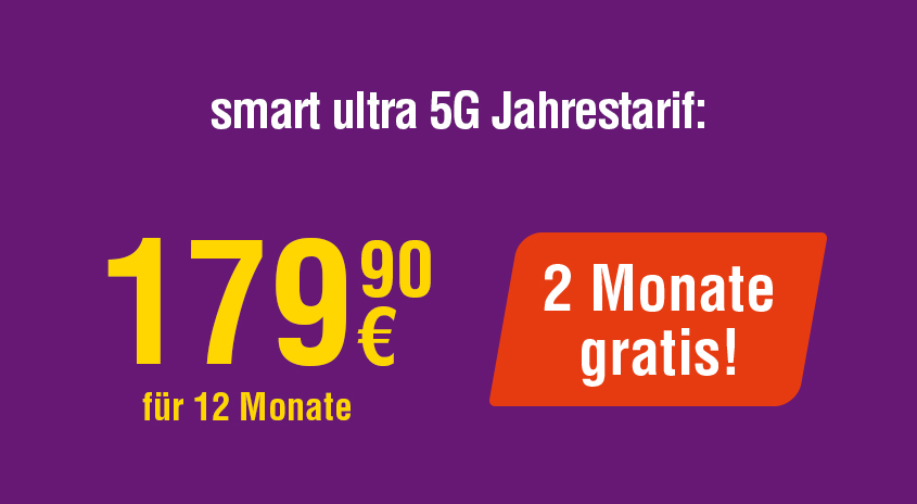 Lila Hintergrund mit gelbem Text, der einen Preis von 179,90€ für 12 Monate und ein orangefarbenes Schild mit "2 Monate gratis!" anzeigt.