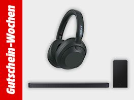 Werbebanner zu den Gutschein-Wochen mit zwei Produkten vor grauem Hintergrund: Kopfhörern und einer Soundbar