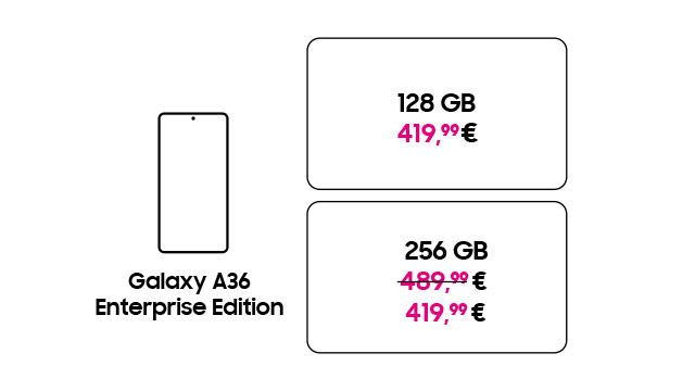 Schwarz-weiße Grafik: Galaxy A36 Enterprise Edition, Preise für 128 GB und 256 GB Speicheroptionen in Schwarz und Pink.