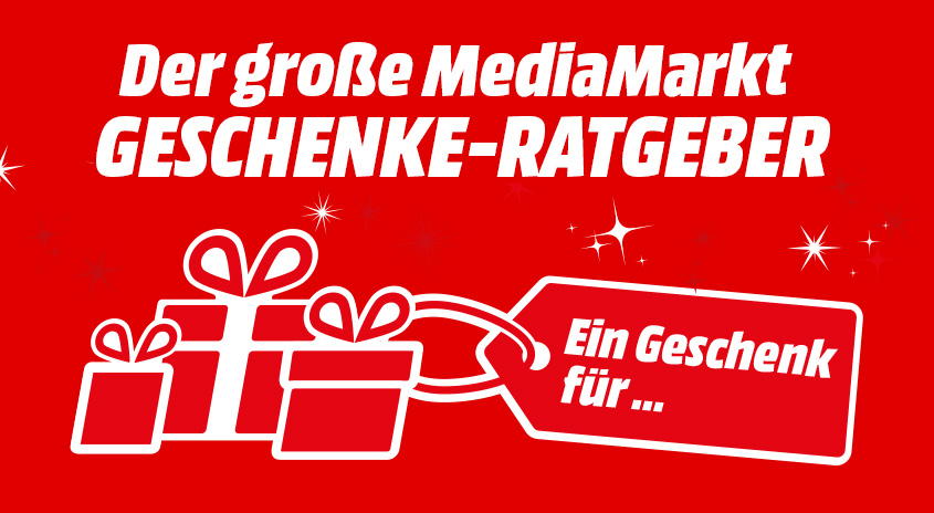 Roter Hintergrund mit weißem Text "Der große MediaMarkt GESCHENKE-RATGEBER". Darunter weiße Geschenke und ein rotes Preisschild "Ein Geschenk für ...".