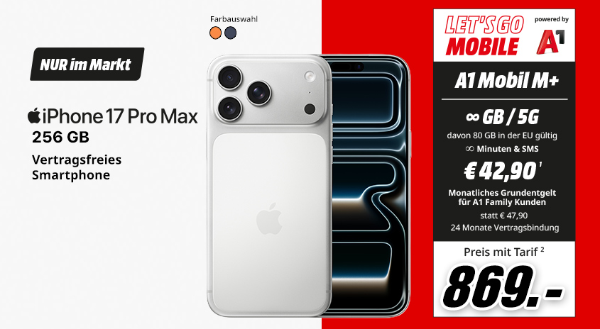 iPhone 17 Pro Max, 256 GB, verschiedene Farben, vertragsfrei im Markt, mit Let's Go Mobile powered by A1 Mobil M+ Tarif um  € 869,-
