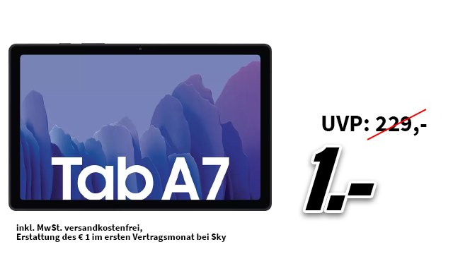 Schwarzes Tablet "Tab A7" mit lila Hintergrund. Daneben der Preis mit durchgestrichener UVP und großem "1-".