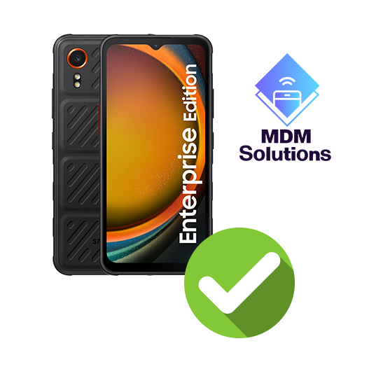 Schwarzes Smartphone mit gelbem Display, "Enterprise Edition" Schriftzug. MDM Solutions Logo und grüner Haken.