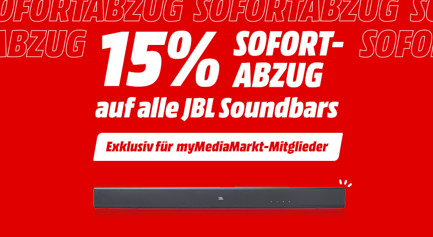 Roter Werbebanner mit "15% Sofortabzug auf alle JBL Soundbars" und einer grauen Soundbar im unteren Bereich.