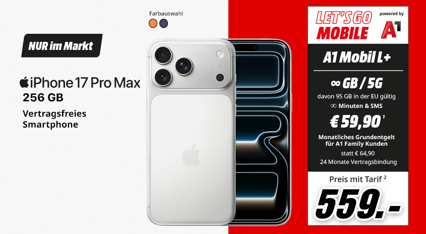 iPhone 17 Pro Max, 256 GB, verschiedene Farben, vertragsfrei im Markt, mit Let's Go Mobile powered by A1 Mobil L+ Tarif um  € 559,-