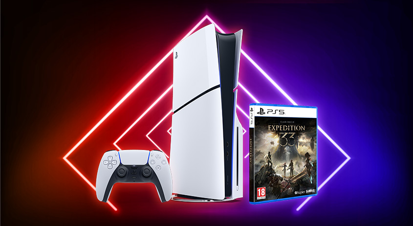 Ein weißes PS5-System steht neben einem Controller und einem Spiel vor einem rot-blauen Hintergrund.