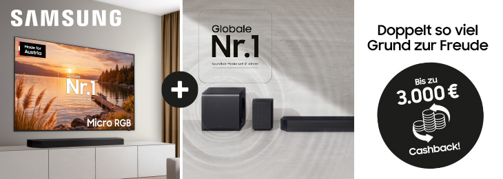 Samsung TV mit Soundbar-Bundle, bis zu 3.000€ Cashback-Aktion