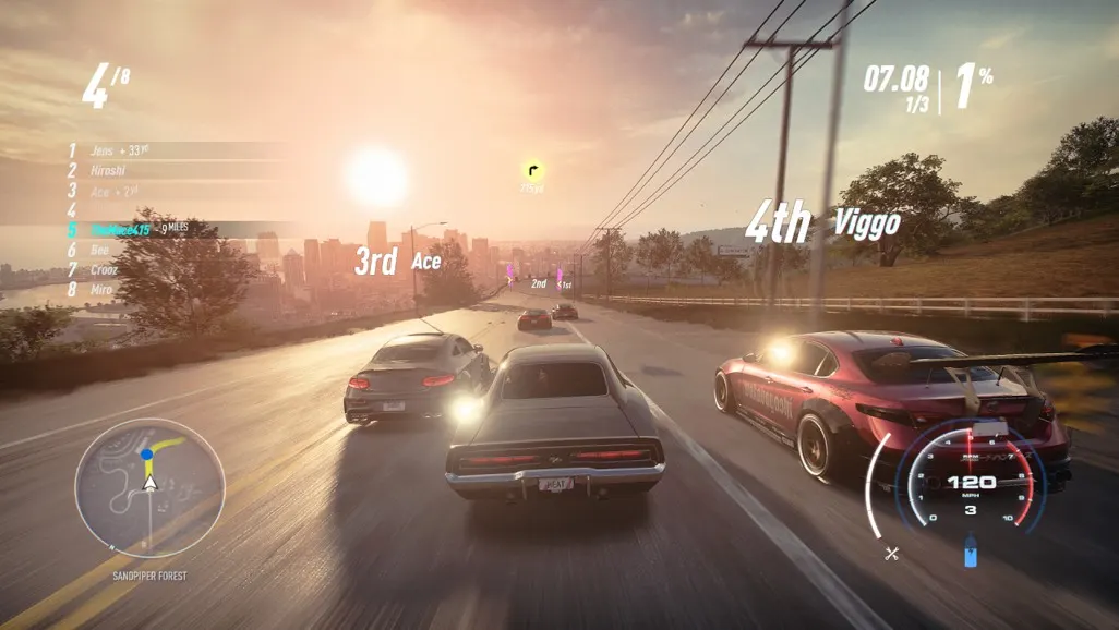 Rennansicht in Need for Speed mit drei Autos, dem Tacho und einer kleinen Karte