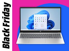 Notebook vor farbigem Kreis in Pink und Blau. Links im Bild steht: Black Friday.