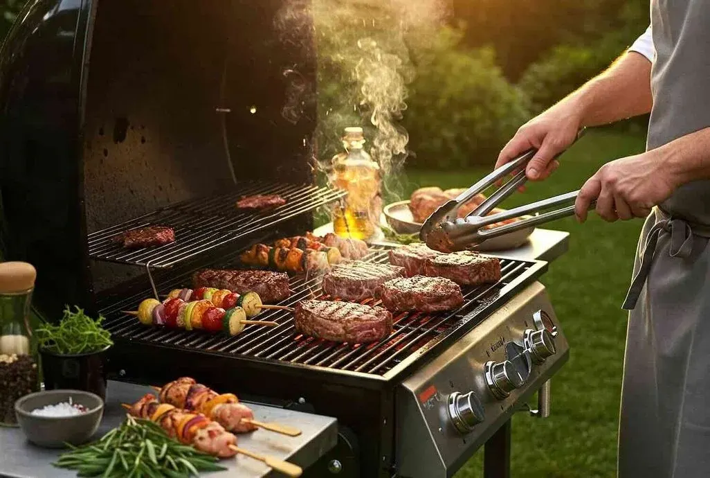 Ein Mann in grauer Schürze grillt auf einem großen Edelstahl-Gasgrill im Freien. Auf dem Rost liegen mehrere Steaks mit Grillmarkierungen sowie bunte Gemüse-Fleisch-Spieße mit Paprika, Zucchini und Tomaten. Dampf steigt vom Grill auf. Auf der Ablage daneben befinden sich weitere rohe Spieße, frischer Rosmarin, Salz, Gewürze und eine Flasche Öl. Im Hintergrund ist ein grüner Garten im warmen Abendlicht zu sehen.