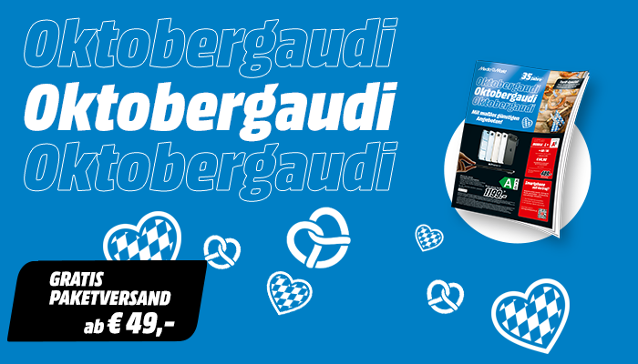 Bild mit hellblauem Hintergrund. Links im Bild steht Oktobergaudi, rechts davon eine 3D-Ansicht des aktuellen MediaMarkt Prospekts. Links unten im Eck ein Einklinker mit dem Text: Gratis Paketversand ab € 49,-. Verteilt auf der unteren Hälfte des Bildes sieht man weiß-blaue Herzsymbole und weiße Brezeln.