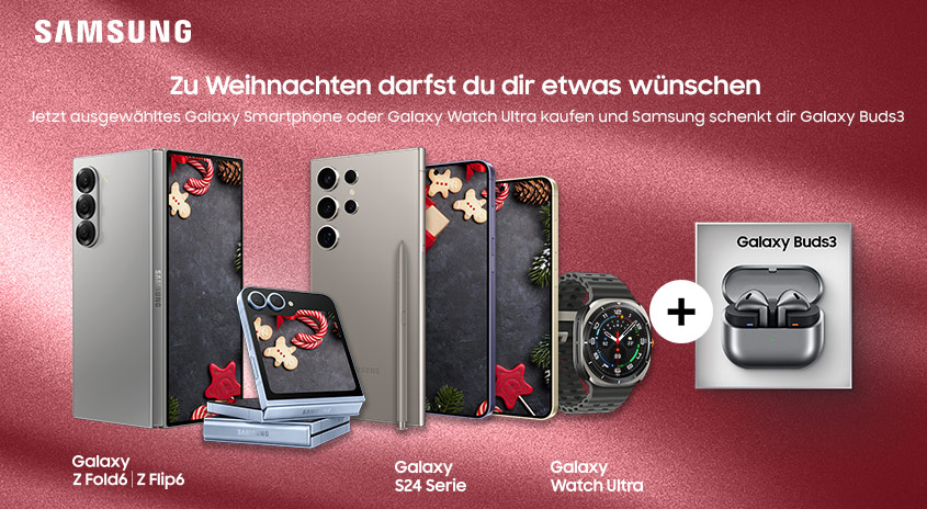 Auf rotem Grund stehen silberne Galaxy-Smartphones, eine Smartwatch und Galaxy Buds3 in einer Box.