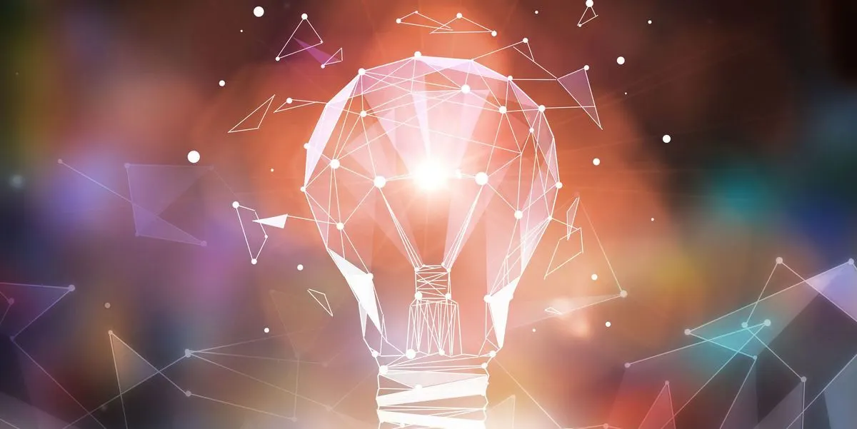 Leuchtende Gluehbirne als digitale Grafik mit geometrischen Linien und Lichtpunkten.