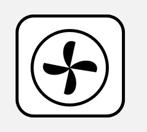 Symbol für Heißluft bei einem Backofen: Ventilator mit 4 Blättern in Kreis.