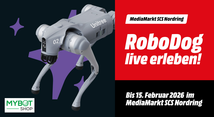 Werbegrafik mit Roboterdog Unitree und Text „RoboDog live erleben! Nur bis 15. Februar im MediaMarkt SCS Nordring“.