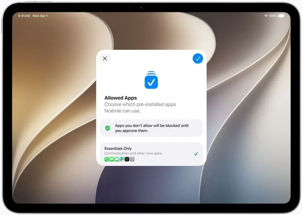 Ein Screenshot von einem iPad zeigt ein Dialogfenster zur Kindersicherheit auf Apple-Geräten.