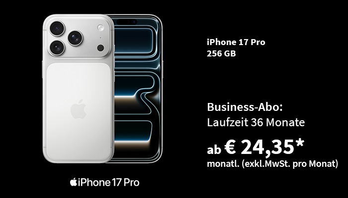 Apple iPhone 17 Pro 256 GB. Business-Abo: Laufzeit 36 Monate ab € 24,35* monatl. (exkl. MwSt. pro Monat)