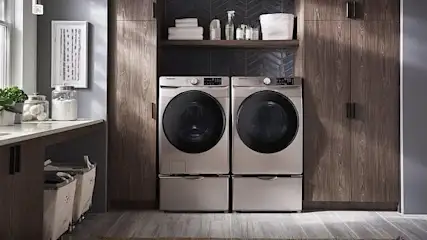 Zwei Waschmaschinen auf Podesten in einem Raum mit dunklen Holzschränken und Arbeitsplatte. Dunkle Fliesenwand mit Regal, Gläsern und Pflanzen.