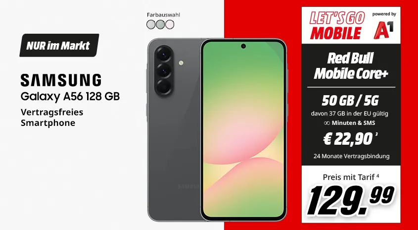Samsung Galaxy A56, 128 GB, verschiedene Farben, vertragsfrei im Markt, mit Let's Go Mobile powered by A1, Red Bull Mobile Core+ Tarif um € 159,99
