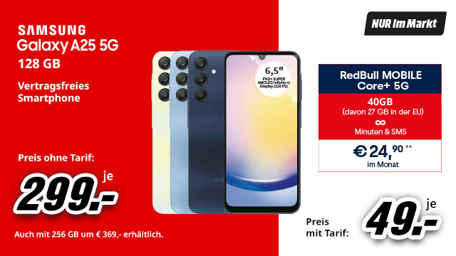 Drei Samsung Galaxy A25 5G Smartphones in Weiß, Hellblau und Dunkelblau, daneben Tarifinformationen auf rotem und weißem Grund.