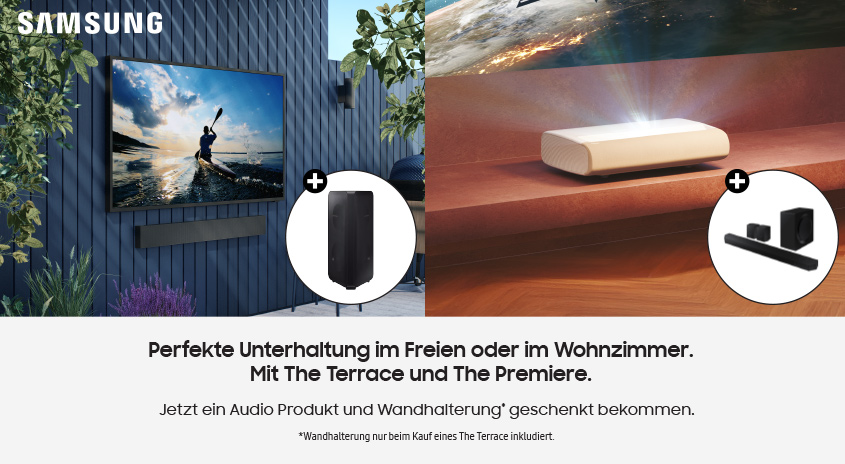 Samsung-Fernseher im Freien und einen Projektor im Innenbereich. Es gibt auch Zubehör wie Lautsprecher.