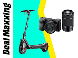Produktbild eines E-Scooters, einer Kamera und eines Ojektivs