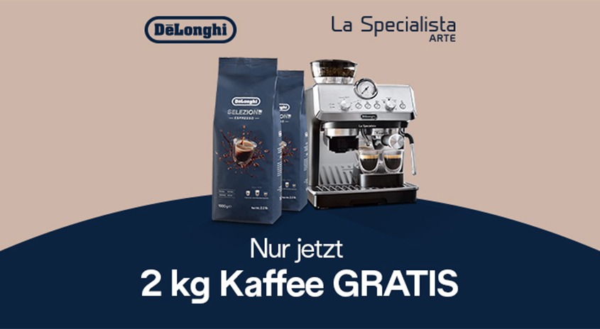 Text: Nur jetzt 2 kg Kaffee GRATIS. Abbildung La Specialista Arte