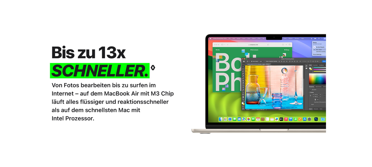 Ein MacBook Air zeigt ein Display mit Foto- und Bearbeitungssoftware vor einem weißen Hintergrund. Text sagt "Bis zu 13x schneller."
