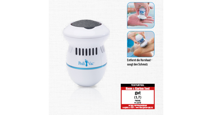 Elektrischer Hornhautentferner Pedi Vac in Weiß, entfernt Hornhaut und saugt den Schmutz direkt auf. Mit Testurteil "gut (1,7)" im Haus & Garten Test.