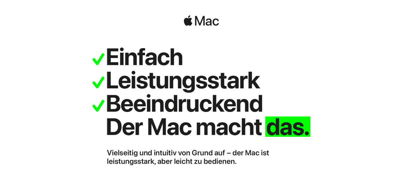 Auf weißem Grund: Schwarzes "Mac"-Logo, grüne Haken vor "Einfach", "Leistungsstark", "Beeindruckend". Text: "Der Mac macht das." (teilweise grün).