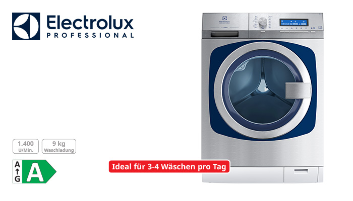 Electrolux Professional Gewerbewaschmaschine in Edelstahl mit blauer Bullaugentür, 1.400 U/Min, 9 kg Waschladung, Energieeffizienzklasse A, Werbebanner "Ideal für 3-4 Wäschen pro Tag"