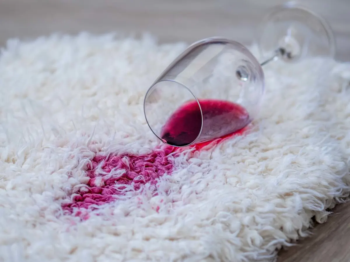 Ein Weinglas mit Rotwein liegt auf einem weißen Flokati, davor ist ein Rotweinfleck am Teppich zu sehen.