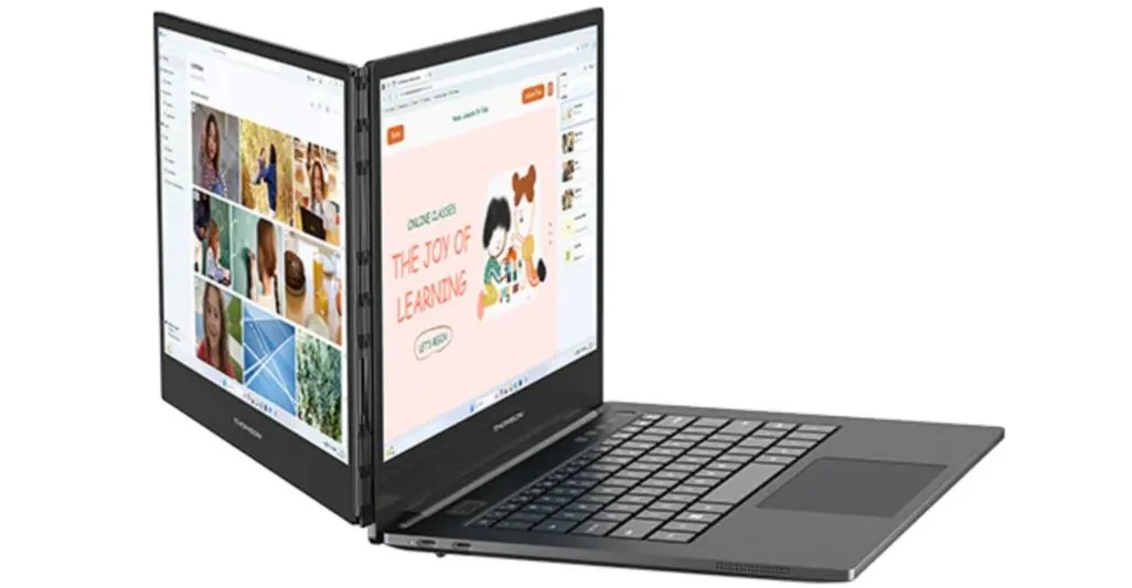 Thomson Ceos Laptop mit zweitem ausklappbaren Bildschirm.