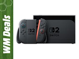 Nintendo Switch 2 mit Controllern und Dockingstation vor weißem Hintergrund, links mit grünem „WM Deals“-Rand.