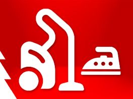 Weißes Piktogramm eines Staubsaugers und eines Bügeleisens vor weihnachtlich-rotem Hintergrund.