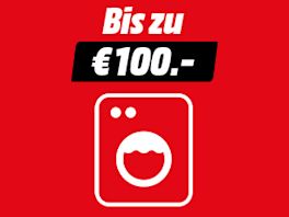 Roter Hintergrund mit Text: Bis zu € 100,-. Darunter ein Iconbild von einer Waschmaschine.