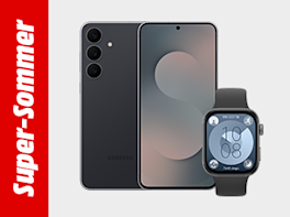 Produktbild eines Smartphones und einer Smartwatch. Links befindet sich ein roter Balken mit der weißen Aufschrift „Super Sommer“.