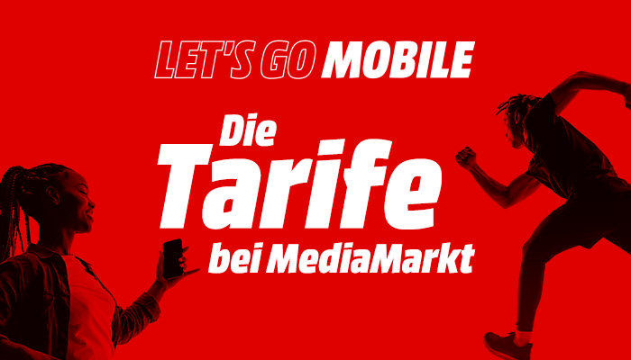 Bild mit rotem Hintergrund. Links ist eine Frau mit Smartphone zu sehen. Text auf dem Bild: Let's Go Mobile. Die Tarife bei MediaMarkt.