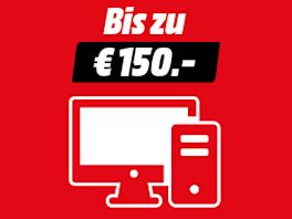 Roter Hintergrund mit Text: Bis zu € 150,-. Darunter ein Iconbild von einem Desktop PC.