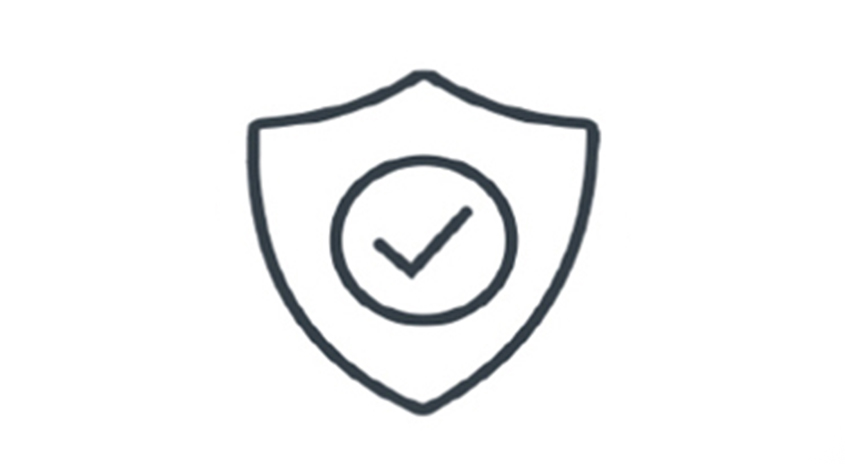 Ein Umriss eines Schildes mit einem Häkchen in einem Kreis, alles in dunklem Grau, vor einem weißen Hintergrund.