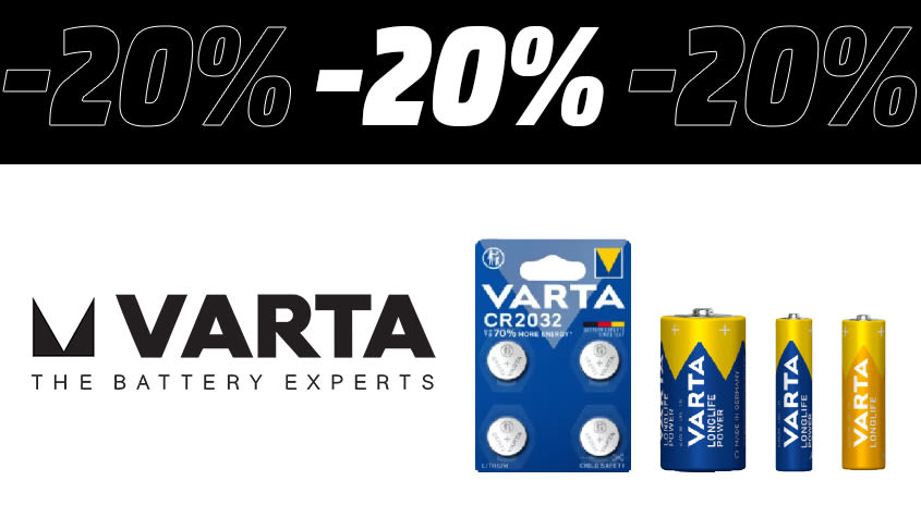 Bild mit schwarz-weißem Hintergrund. Oben im Bild steht mehrmals "-20%" darunter ist das Logo von Varta zu sehen, daneben die Produktabbildung von vier verschiedenen Batterien.
