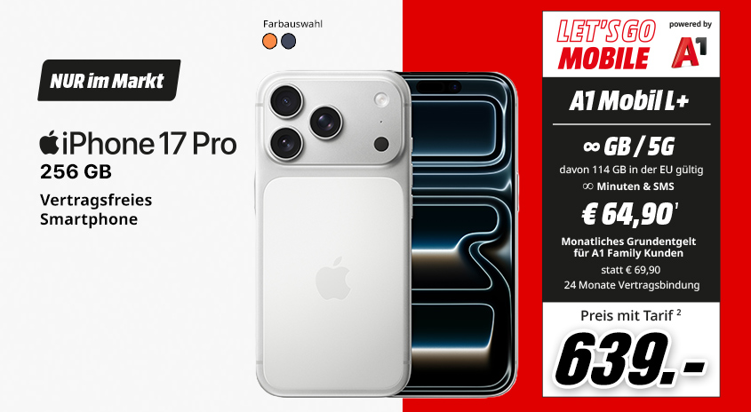iPhone 17 Pro, 256 GB, verschiedene Farben, vertragsfrei im Markt, mit Let's Go Mobile powered by A1 Mobile L+ Tarif um  € 639,-