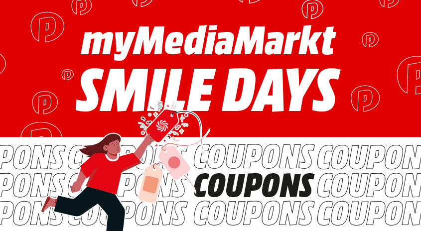 Roter Hintergrund mit "myMediaMarkt SMILE DAYS" und Logos. Coupons schweben über sich wiederholenden "COUPONS"-Textzeilen.