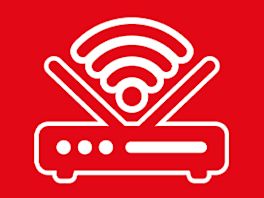 Bild mit rotem Hintergrund, darauf ein Piktogramm in weiß von einem WLAN-Router