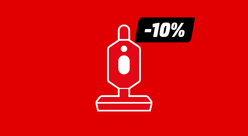 Bild mit rotem Hintergrund. Darauf ist ein weißes Piktogramm eines Stick Staubsaugers zu sehen mit einem Einklinker mit dem Text: -10%.