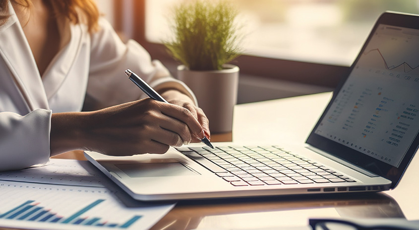 Eine Person tippt mit einem Stift auf einem Laptop. Diagramme, eine Pflanze und eine Brille sind auf dem Tisch.