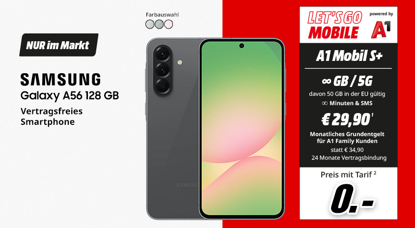 Samsung Galaxy A56, 128 GB, verschiedene Farben, vertragsfrei im Markt, mit Let's Go Mobile powered by A1 Mobil S+ Tarif um  € 0,-