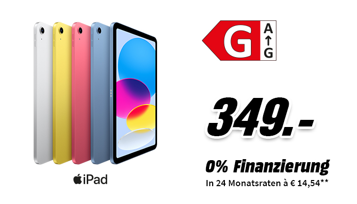 Apple iPad für 349,- € (Energieklasse G). 0% Finanzierung in 24 Monatsraten à 14,54 €**.