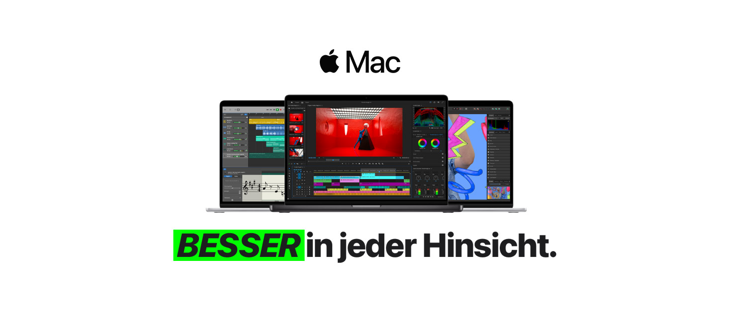 Drei Mac-Laptops vor weißem Hintergrund zeigen Bearbeitungssoftware. Text unten: "BESSER in jeder Hinsicht."