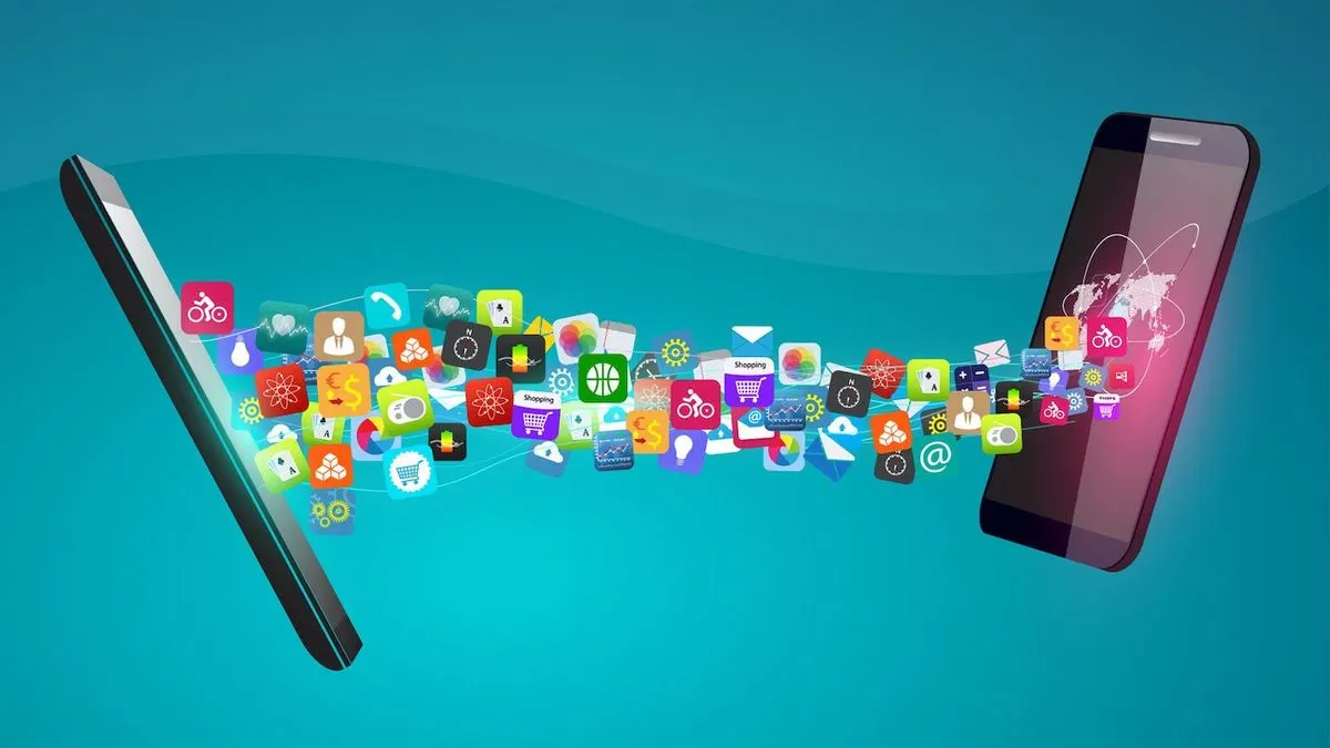 Grafische Darstellung von zwei Smartphones zwischen denen viele bunte App Symbole transferiert werden.